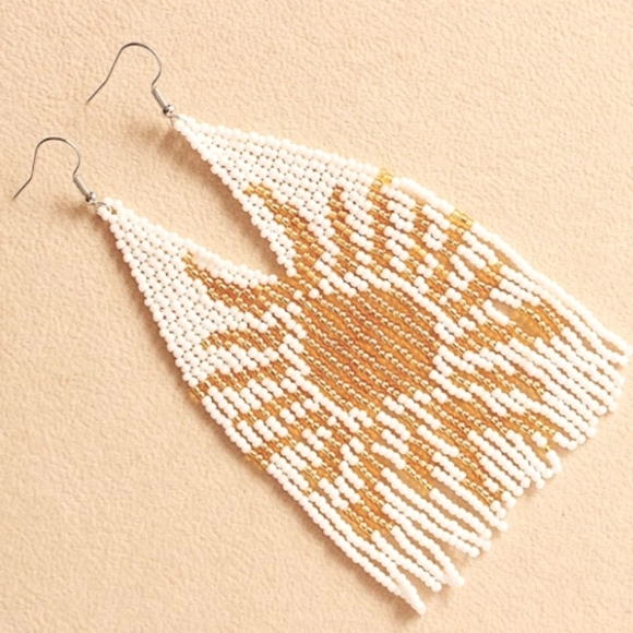 5" Abstract Sunshine White Gold Long Beaded Oversized Rays of Sun Earrings New - Picture 2 of 5